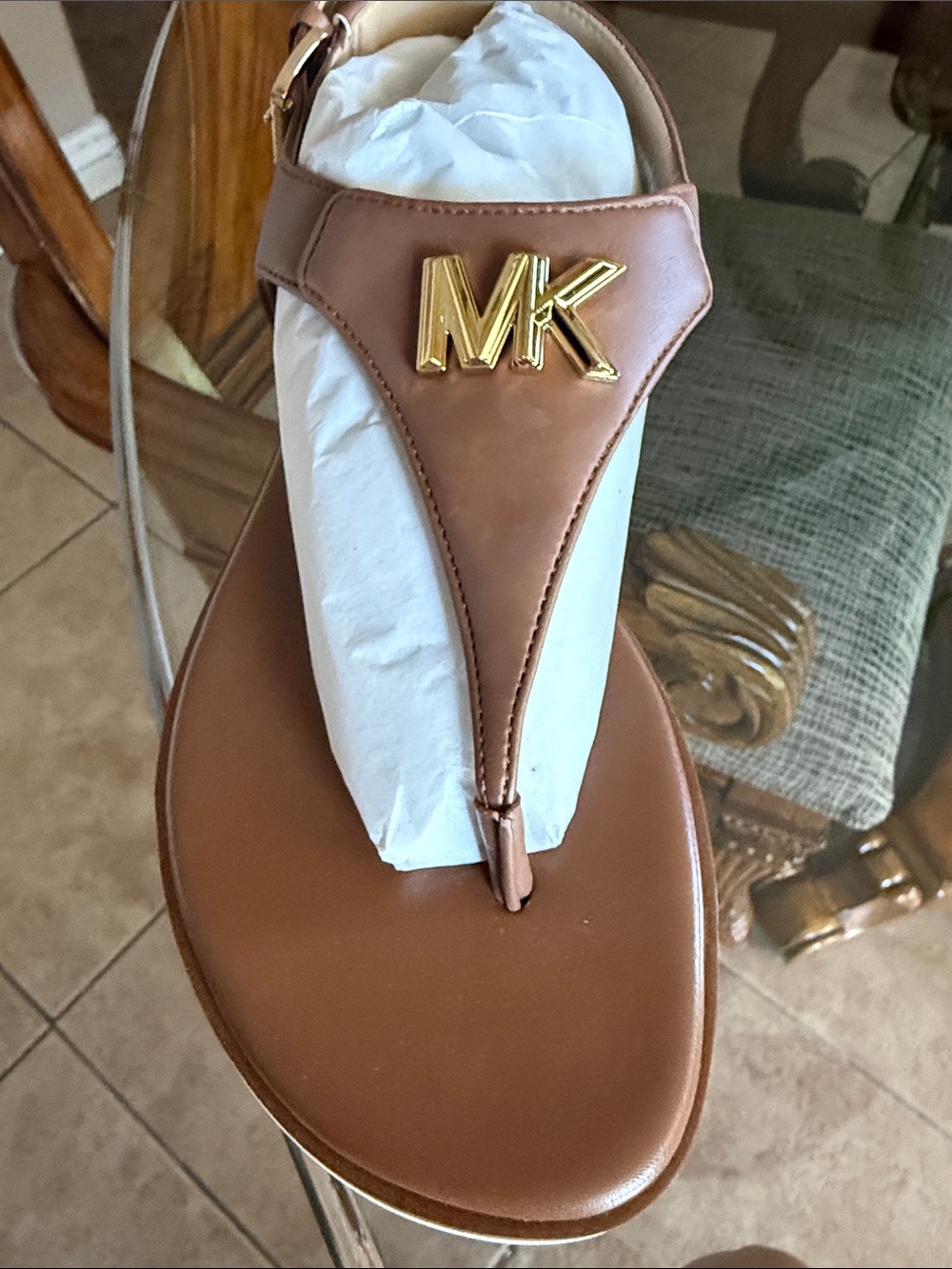 Michael Kors Brown Leather MK Logo T-Strap Sandal